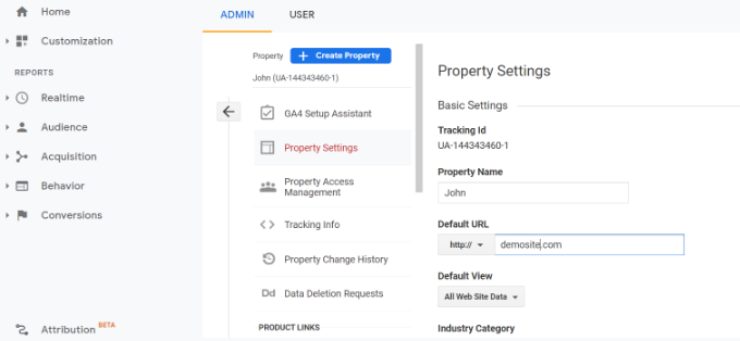 Google analytic propery setting